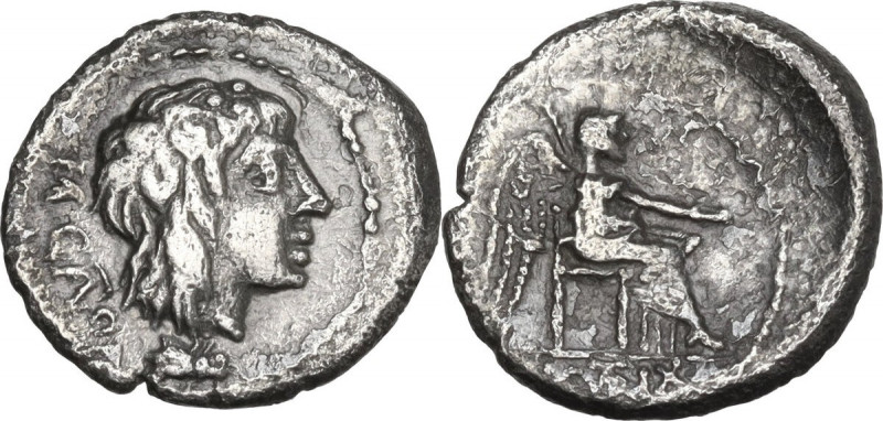 M. Cato. AR Quinarius, 89 BC. Obv. Head of Liber right, wearing ivy-wreath; behi...