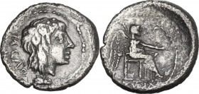 M. Cato. AR Quinarius, 89 BC. Obv. Head of Liber right, wearing ivy-wreath; behind, M·CATO (AT ligate). Rev. Victory seated right, holding patera and ...