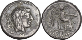 AR Quinarius, 89 BC. Obv. Head of Liber right, wearing ivy-wreath; behind, M·CATO (AT ligate). Rev. Victory seated right, holding patera and palm bran...
