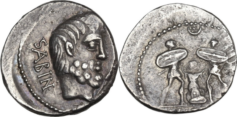 L. Titurius L. f. Sabinus. AR Denarius, 89 BC. Obv. SABIN. Head of King Tatius r...
