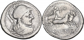 Cn. Cornelius Lentulus Clodianus. AR Denarius, 88 BC. Obv. Helmeted bust of Mars right, seen from behind. Rev. Victory in biga right; in exergue, CN·L...