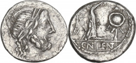Cn. Cornelius Lentulus Clodianus. Quinarius, Rome mint, 88 AD. Obv. Laureate head of Jupiter right. Rev. Victory standing right, crowning trophy; in e...