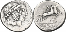 C. Marcius Censorinus. AR Denarius, 88 BC. Obv. Jugate heads of Numa Pompilius, bearded, and Ancus Marcius, not bearded, right. Rev. Desultor right, w...