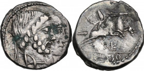 C. Censorinus. AR Denarius, 88 BC. Obv. Jugate heads of Numa Pompilius and Ancus Marcius right. Rev. Desultor right, wearing conical cap and holding w...