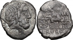 L. Rubrius Dossenus. AR Denarius, 87 BC. Obv. Head of Jupiter right, laureate; behind, sceptre. Rev. Triumphal chariot right, small Victory standing o...
