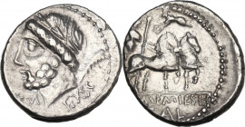 L. and C. Memmius Galeria. AR Denarius, Rome mint, 87 BC. Obv. Laureate head of Saturn left; on the right, harpa; below, EX·S·C. Rev. Venus in biga ri...