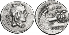 L. Julius Bursio. AR Denarius, 85 BC. Obv. Male head right, with the attributes of Apollo, Mercury and Neptune; behind, sceptre. Rev. Victory in quadr...