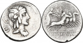 L. Julius Bursio. AR Denarius, Rome mint, 85 BC. Obv. Male head right, with the attributes of Apollo, Mercury and Neptune. Rev. Victory in quadriga ri...