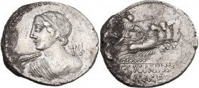 C. Licinius L. F. Macer. AR Denarius, 84 BC. Obv. Bust of Apollo seen from behind, head turned left, holding thunderbolt. Rev. Minerva in quadriga rig...