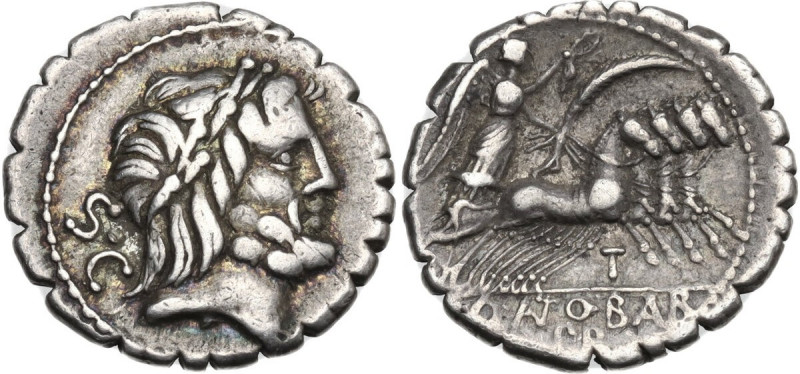 Q. Antonius Balbus. AR Denarius serratus, 83-82 BC. Obv. Laureate head of Jupite...