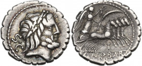 Q. Antonius Balbus. AR Denarius serratus, 83-82 BC. Obv. Laureate head of Jupiter right, S.C behind. Rev. Victory in quadriga right; below horses, T; ...