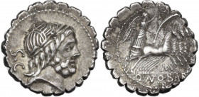 Q. Antonius Balbus. AR Denarius serratus, 83-82 BC. Obv. Laureate head of Jupiter right, S.C behind. Rev. Victory in quadriga right; below horses, M; ...
