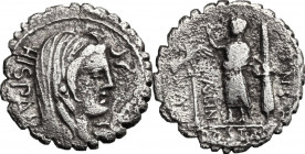 A. Postumius A.f. Sp. n. Albinus. AR Denarius serratus, 81 BC. Obv. Head of Hispania right with dishevelled hair, veiled. Rev. Togate figure standing ...
