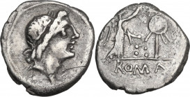 Anonymous. AR Quinarius, uncertain mint, 81 BC. Obv. Laureate head of Apollo right. Rev. Victory standing right, crowning trophy. Cr. 373/1b. AR. 1.00...