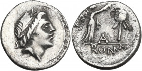 Anonymous. AR Quinarius, uncertain mint, 81 BC. Obv. Laureate head of Apollo right. Rev. Victory standing right, crowning trophy; between, A; in exerg...