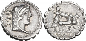 L. Procilius. AR Denarius serratus, Rome mint, 80 BC. Obv. Head of Juno Sospita right, wearing goat's skin; on the left, S·C. Rev. Juno Sospita in big...