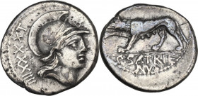 P. Satrienus. AR Denarius, Rome mint, 77 BC. Obv. Helmeted head of Roma right. Rev. She-wolf left, right forepaw raised. Cr. 388/1; B. (Satriena) 1. A...