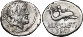 L. Lucretius Trio. AR Denarius, 76 BC. Obv. Laureate head of Neptune right, trident over far shoulder. Rev. Winged Genius on dolphin right, L. LVCRETI...