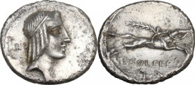 C. Piso Frugi. AR Denarius, Rome mint, 67 BC. Obv. Laureate head or bust of Apollo right or left. Rev. Horseman galloping right, holding palm. Cr. 408...