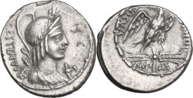 M. Plaetorius M. f. Cestianus. AR Denarius, 67 BC. Obv. CESTIANVS. Winged bust of Vacuna, wearing crested helmet right, quiver and bow on shoulder; be...
