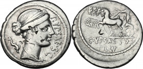 P. Plautius Hypsaeus. AR Denarius, 60 BC. Obv. Bust of Leuconoe right, draped; behind, dolphin. Rev. Jupiter in quadriga left. Cr. 420/2a. B. 12. . AR...