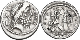 M. Nonius Sufenas. AR fourrée Denarius, circa 59 B.C. Obv. Head of Saturn right; on the left, harpa, indefinite oval object and S·C; on the right, SVF...