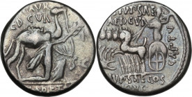 M. Aemilius Scaurus. AR Denarius, 58 BC. Obv. Camel right; before, kneeling person holding reins and olive-branch. Rev. Jupiter in quadriga left, hold...