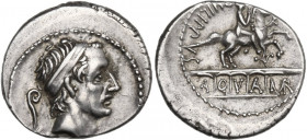 L. Marcius Philippus. AR Denarius, 56 BC. Obv. Diademed head of Ancus Marcius right; behind, lituus. Rev. Equestrian statue right, on arcade of five a...