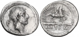 L. Marcius Philippus. AR Denarius, 56 BC. Obv. Diademed head of Ancus Marcius right; behind, lituus; below, ANCVS. Rev. PHILIPPVS. Equestrian statue r...