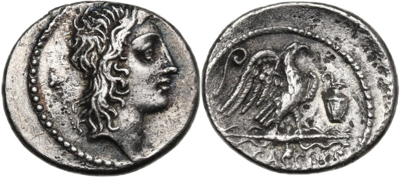 Q. Cassius Longinus. AR Denarius, 55 BC. Obv. Head of Genius Populi Romani right...