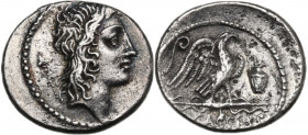 Q. Cassius Longinus. AR Denarius, 55 BC. Obv. Head of Genius Populi Romani right; behind, sceptre. Rev. Eagle with thunderbolt right; in left field, l...