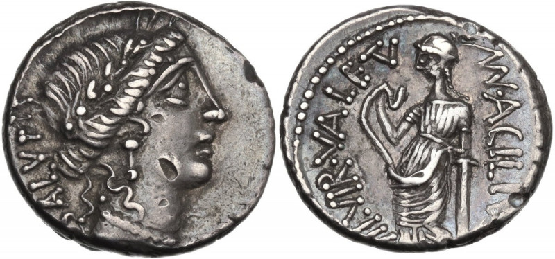 Mn. Acilius. AR Denarius, 49 BC. Obv. Laureate head of Salus right, SALVS upward...