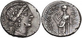 Mn. Acilius. AR Denarius, 49 BC. Obv. Laureate head of Salus right, SALVS upwards behind. Rev. MN ACILIVS III VIR VALETV. Valetudo (Salus) standing le...