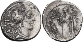 Mn. Acilius. AR Denarius, 49 BC. Obv. Laureate head of Salus right; behind, SALVTIS upwards. Rev. MN ACILIVS III VIR VALETV. Valetudo standing left, l...