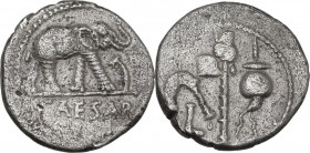 Julius Caesar. AR Denarius, mint moving with Caesar, 49-48 BC. Obv. Elephant advancing right, trampling on horned serpent; in exergue, CAESAR. Rev. Po...