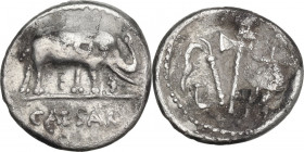 Caius Julius Caesar. AR Denarius, mint moving with Caesar, 49-48 BC. Obv. Elephant advancing right, trampling on horned snake; in exergue, CAESAR. Rev...