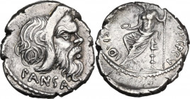 C. Vibius C. f. Pansa Caetronianus. AR Denarius, 48 BC. Obv. Mask of bearded Pan right; behind, sirinx (Pan-pipe); below, [P]ANSA. Rev. C. VIBIVS C.F....