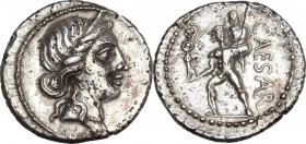 Caius Julius Caesar. AR Denarius, uncertain African mint, 47-46 BC. Obv. Diademed head of Venus right. Rev. Aeneas advancing left, carrying palladium ...