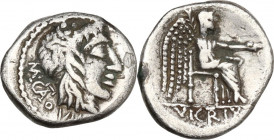 M. Porcius Cato. AR Quinarius, uncertain African mint, 47-46 BC. Obv. Head of Liber right, crowned with ivy wreath; below, M·CATO·PRO·PR (AT ligate). ...