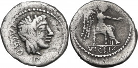 M. Porcius Cato. AR Quinarius, uncertain African mint, 47-46 BC. Obv. Head of Liber right, crowned with ivy wreath; below, M·CATO·PRO·PR (AT ligate). ...