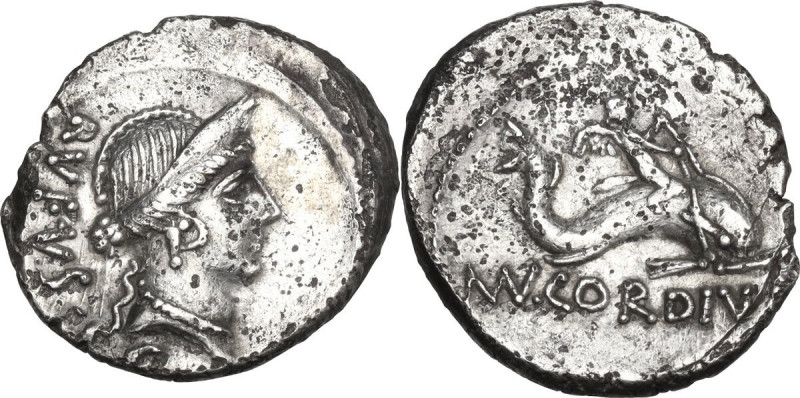 Mn. Cordius Rufus. AR Denarius, Rome mint, 46 BC. Obv. Diademed head of Venus ri...