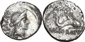 Mn. Cordius Rufus. AR Denarius, Rome mint, 46 BC. Obv. Diademed head of Venus right; on the left, RVFVS·S·C. Rev. Cupid on dolphin right; below, MN·CO...