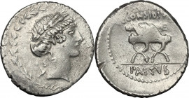 C. Considius Paetus. AR Denarius, 46 BC. Obv. Laureate head of Apollo right, within a wreath of laurel. Rev. C. CONSIDIVS above curule chair, PAETVS i...