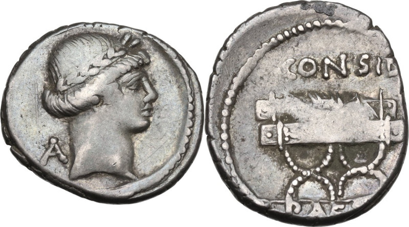 C. Considius Paetus. AR Denarius, 46 BC. Obv. Head of Apollo right, laureate; be...
