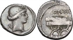 C. Considius Paetus. AR Denarius, 46 BC. Obv. Head of Apollo right, laureate; behind, A. Rev. Curule chair. Cr. 465/2. AR. 3.31 g. 18.00 mm. Toned. VF...