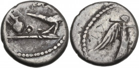Mark Antony. AR Quinarius, unknown mint in Gallia Transalpina and Cisalpina, 43-42 BC. Obv. Lituus, jug and raven; above, M·ANT·IMP (ANT ligate). Rev....