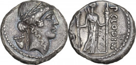 P. Clodius. AR Denarius, Rome mint, 42 BC. Obv. Laureate head of Apollo right; on the left, lyre. Rev. Diana standing right, with bow and quiver over ...