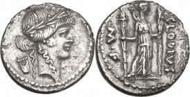 P. Clodius M. f. Turrinus. AR Denarius, 42 BC. Obv. Laureate head of Apollo right, lyre behind. Rev. Diana Lucifera standing facing, holding two long ...