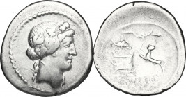 C. Vibius Varus. AR Denarius, 42 BC. Obv. Head of Liber right, wearing ivy-wreath. Rev. VARVS. Panther left springing up toward garlanded altar on whi...