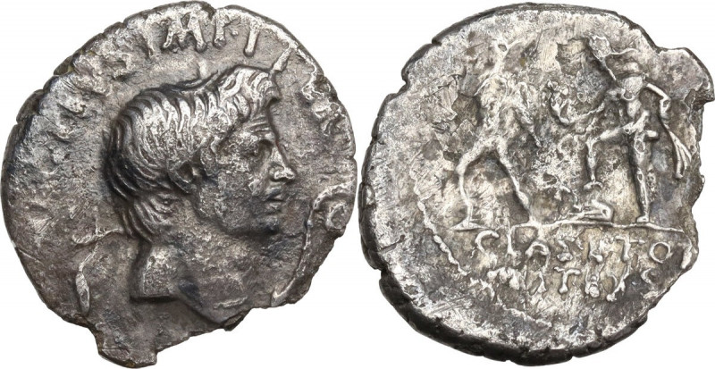 Pompey the Great. AR Denarius 42-40 BC, Sicily. Obv. Head of Pompey the Great ri...